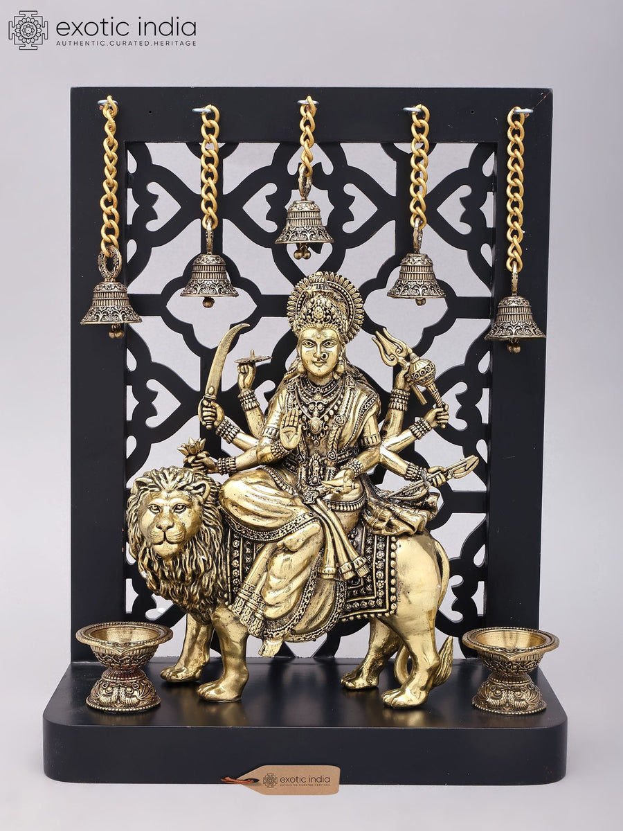12" Handmade Goddess Durga Brass Statue on Wood Base