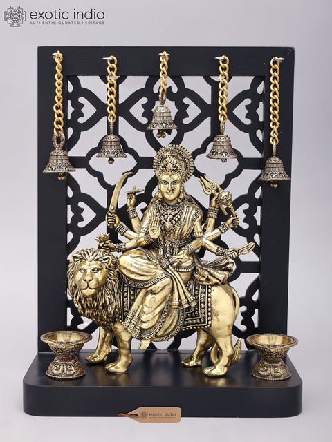 12" Superfine Goddess Durga (The Lion Goddess) | Brass Statue on Wood Base