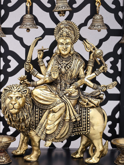 12" Superfine Goddess Durga (The Lion Goddess) | Brass Statue on Wood Base
