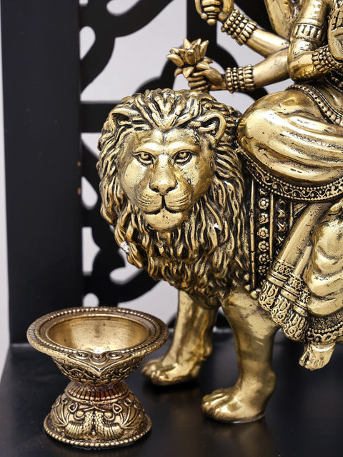 12" Superfine Goddess Durga (The Lion Goddess) | Brass Statue on Wood Base