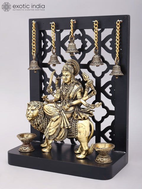 12" Superfine Goddess Durga (The Lion Goddess) | Brass Statue on Wood Base