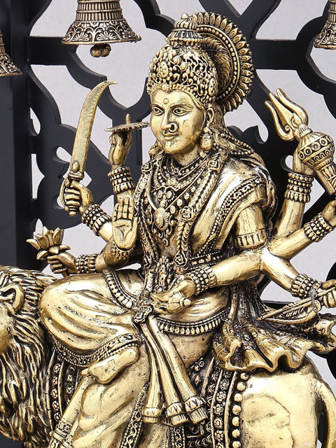 12" Superfine Goddess Durga (The Lion Goddess) | Brass Statue on Wood Base
