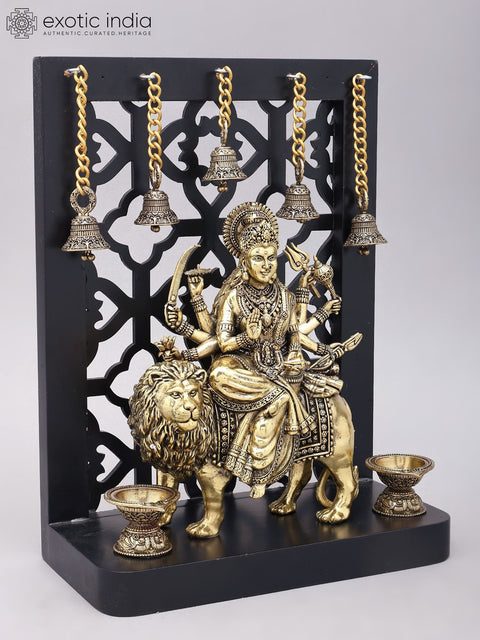 12" Superfine Goddess Durga (The Lion Goddess) | Brass Statue on Wood Base