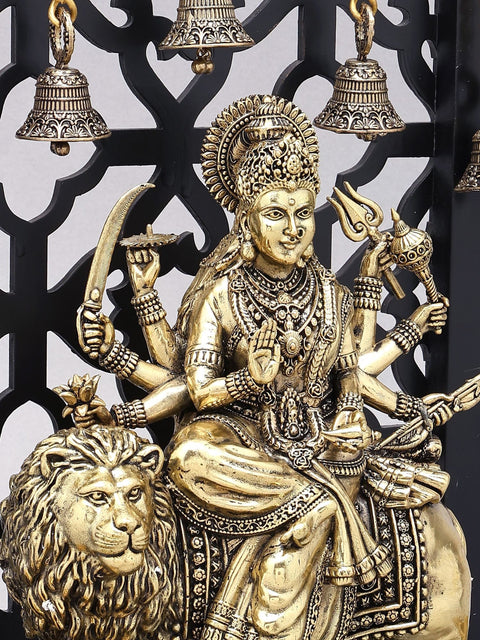 12" Superfine Goddess Durga (The Lion Goddess) | Brass Statue on Wood Base