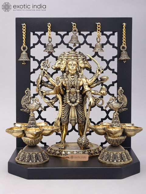 14" Superfine Panchamukhi Hanuman with Designer Peacock Lamps and Bells on Wood Frame