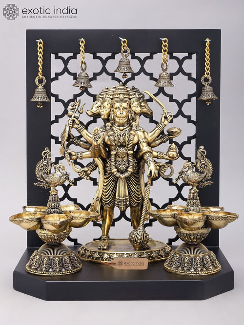 14" Panchamukhi Hanuman Brass Statue with Peacock Lamps on Wood Frame