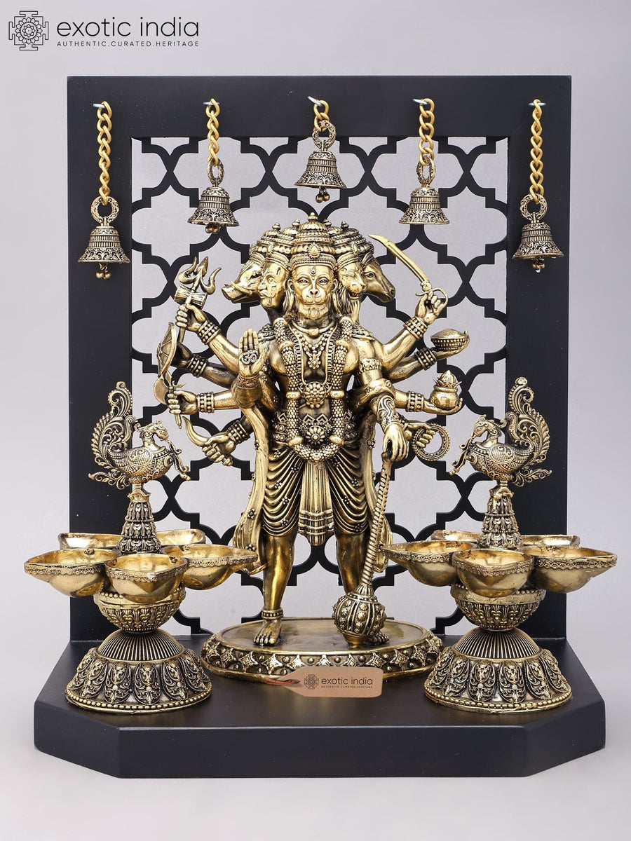 14" Panchamukhi Hanuman Brass Statue with Peacock Lamps on Wood Frame