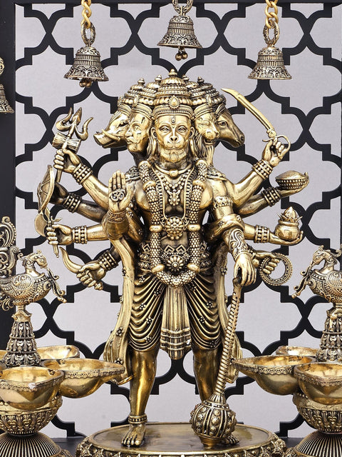 14" Superfine Panchamukhi Hanuman with Designer Peacock Lamps and Bells on Wood Frame