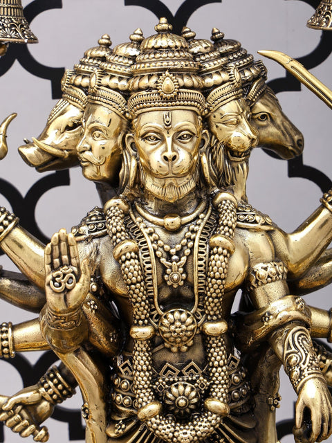 14" Superfine Panchamukhi Hanuman with Designer Peacock Lamps and Bells on Wood Frame