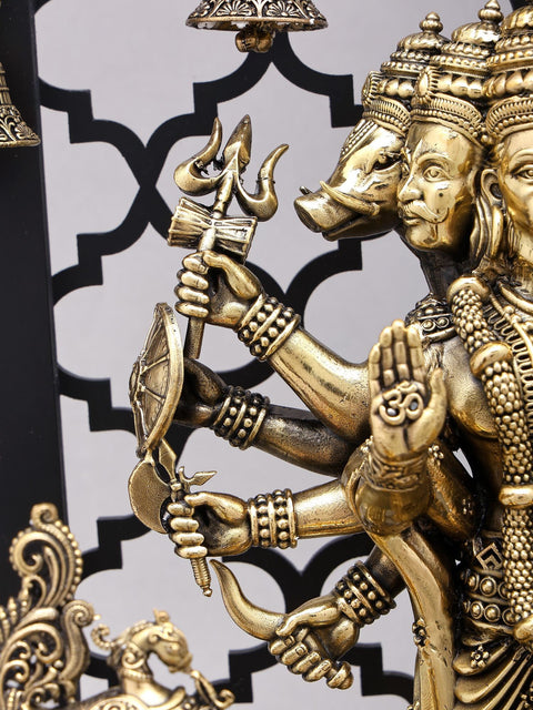 14" Superfine Panchamukhi Hanuman with Designer Peacock Lamps and Bells on Wood Frame