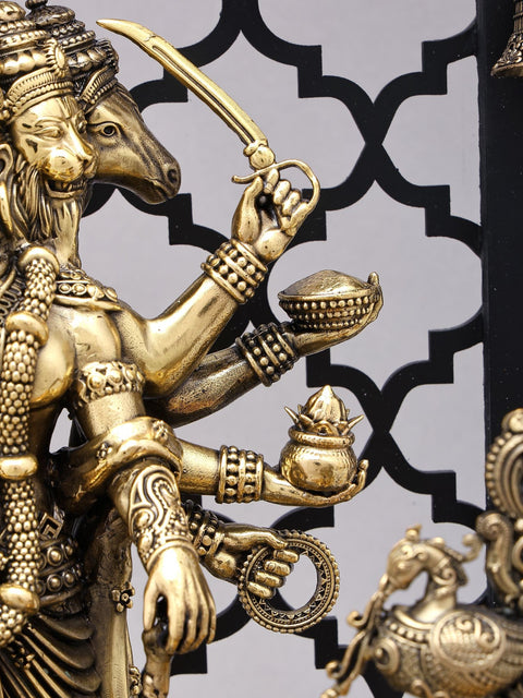 14" Superfine Panchamukhi Hanuman with Designer Peacock Lamps and Bells on Wood Frame