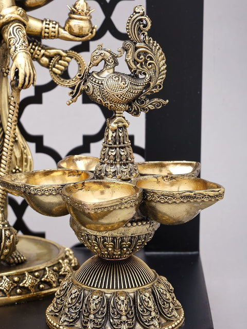 14" Superfine Panchamukhi Hanuman with Designer Peacock Lamps and Bells on Wood Frame