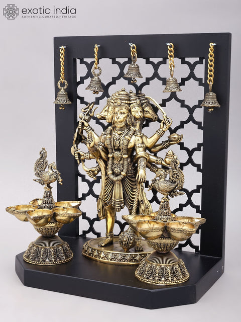 14" Superfine Panchamukhi Hanuman with Designer Peacock Lamps and Bells on Wood Frame