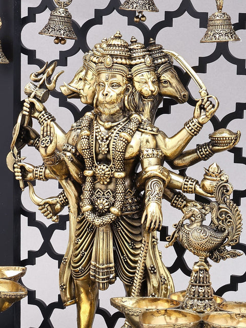 14" Superfine Panchamukhi Hanuman with Designer Peacock Lamps and Bells on Wood Frame