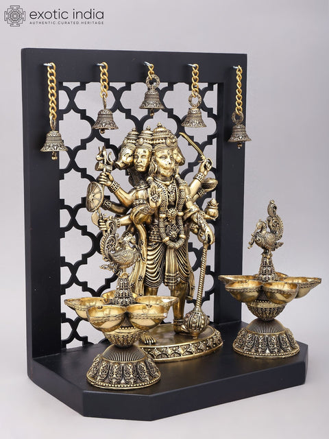 14" Superfine Panchamukhi Hanuman with Designer Peacock Lamps and Bells on Wood Frame