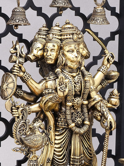 14" Superfine Panchamukhi Hanuman with Designer Peacock Lamps and Bells on Wood Frame