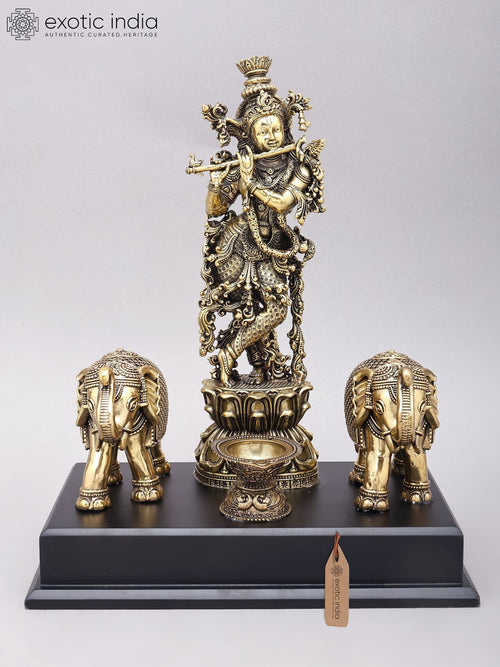14" Handmade Brass Lord Krishna with Elephants Statue on Wood Base