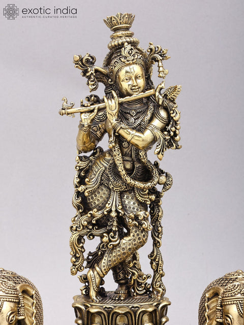 14" Superfine Fluting Lord Krishna with Elephants | Brass Statue on Wood Base