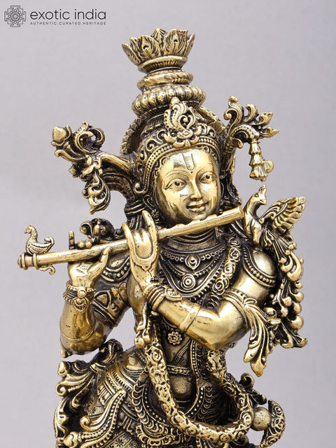 14" Superfine Fluting Lord Krishna with Elephants | Brass Statue on Wood Base