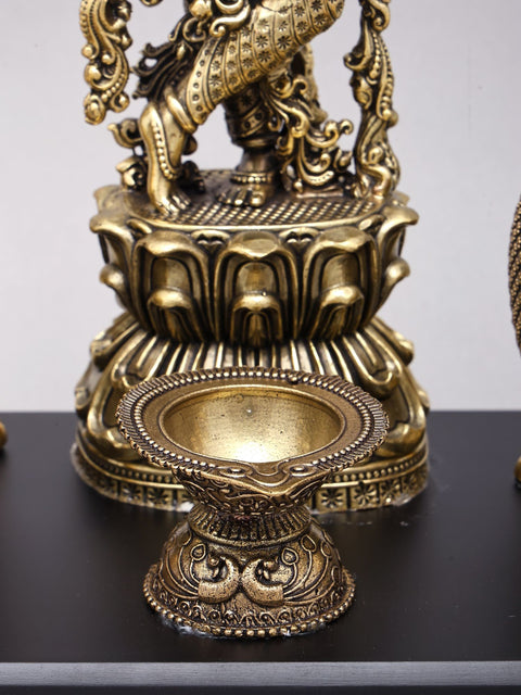 14" Superfine Fluting Lord Krishna with Elephants | Brass Statue on Wood Base