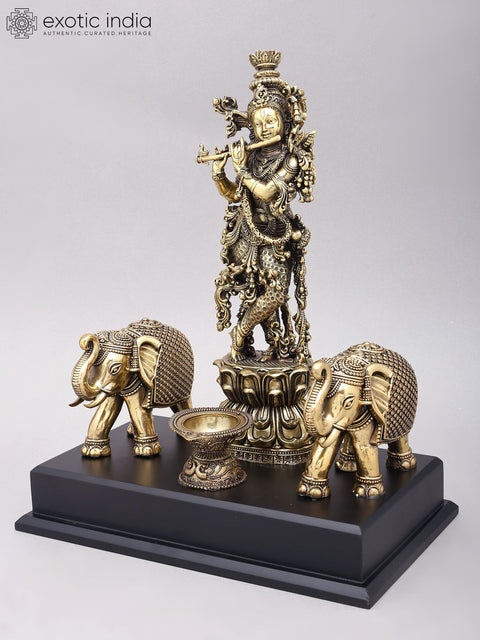 14" Superfine Fluting Lord Krishna with Elephants | Brass Statue on Wood Base