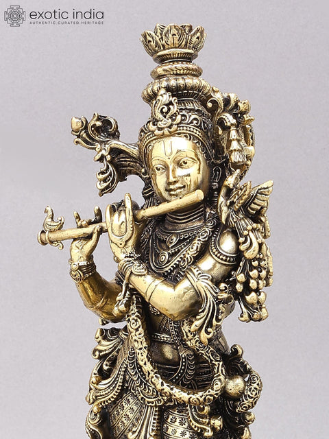 14" Superfine Fluting Lord Krishna with Elephants | Brass Statue on Wood Base