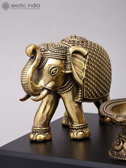 14" Superfine Fluting Lord Krishna with Elephants | Brass Statue on Wood Base