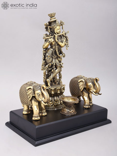 14" Superfine Fluting Lord Krishna with Elephants | Brass Statue on Wood Base