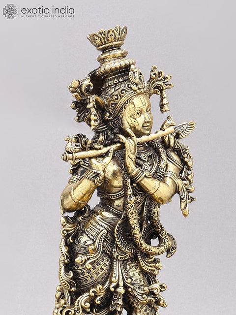 14" Superfine Fluting Lord Krishna with Elephants | Brass Statue on Wood Base