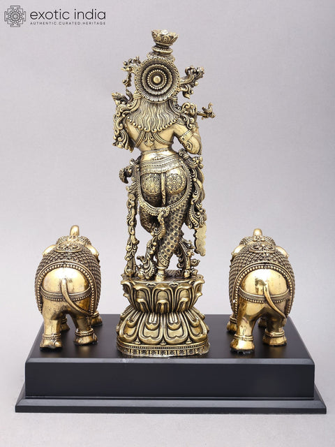 14" Superfine Fluting Lord Krishna with Elephants | Brass Statue on Wood Base