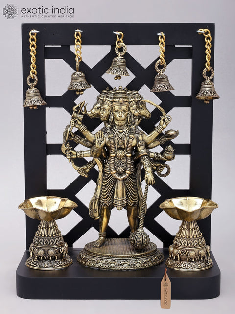 12" Superfine Standing Panchamukhi Lord Hanuman with Lamps and Bells | Brass Statue with Designer Wood Frame