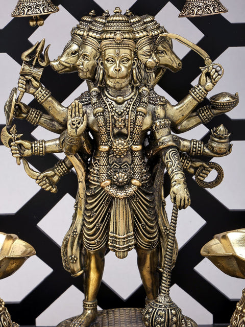12" Superfine Standing Panchamukhi Lord Hanuman with Lamps and Bells | Brass Statue with Designer Wood Frame