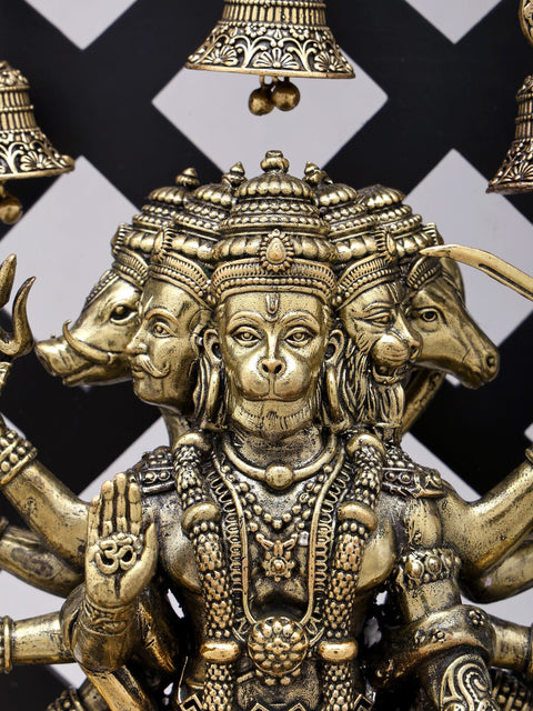 12" Superfine Standing Panchamukhi Lord Hanuman with Lamps and Bells | Brass Statue with Designer Wood Frame