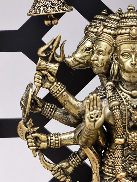 12" Superfine Standing Panchamukhi Lord Hanuman with Lamps and Bells | Brass Statue with Designer Wood Frame