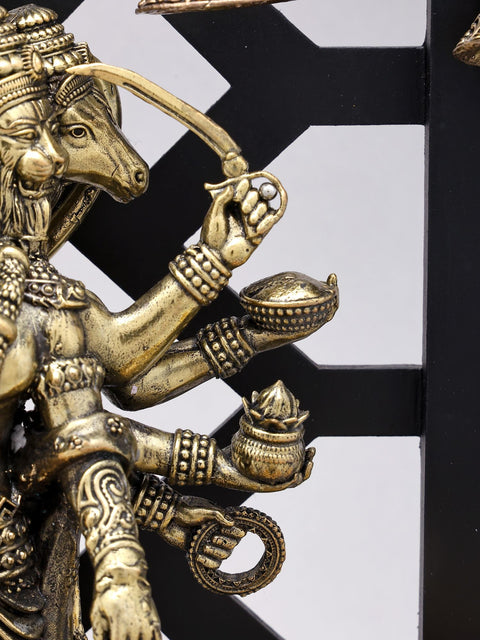 12" Superfine Standing Panchamukhi Lord Hanuman with Lamps and Bells | Brass Statue with Designer Wood Frame