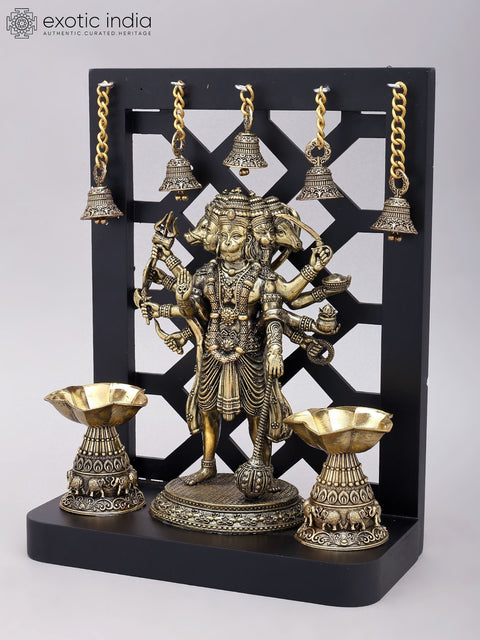 12" Superfine Standing Panchamukhi Lord Hanuman with Lamps and Bells | Brass Statue with Designer Wood Frame