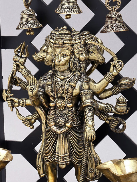 12" Superfine Standing Panchamukhi Lord Hanuman with Lamps and Bells | Brass Statue with Designer Wood Frame