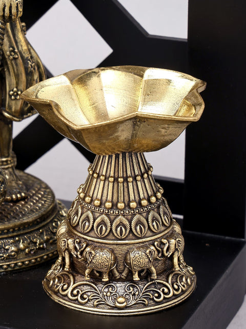 12" Superfine Standing Panchamukhi Lord Hanuman with Lamps and Bells | Brass Statue with Designer Wood Frame