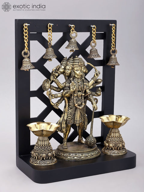 12" Superfine Standing Panchamukhi Lord Hanuman with Lamps and Bells | Brass Statue with Designer Wood Frame