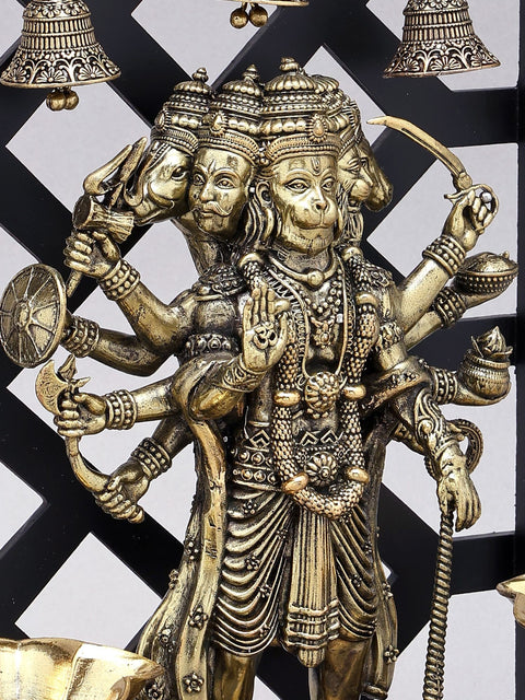 12" Superfine Standing Panchamukhi Lord Hanuman with Lamps and Bells | Brass Statue with Designer Wood Frame