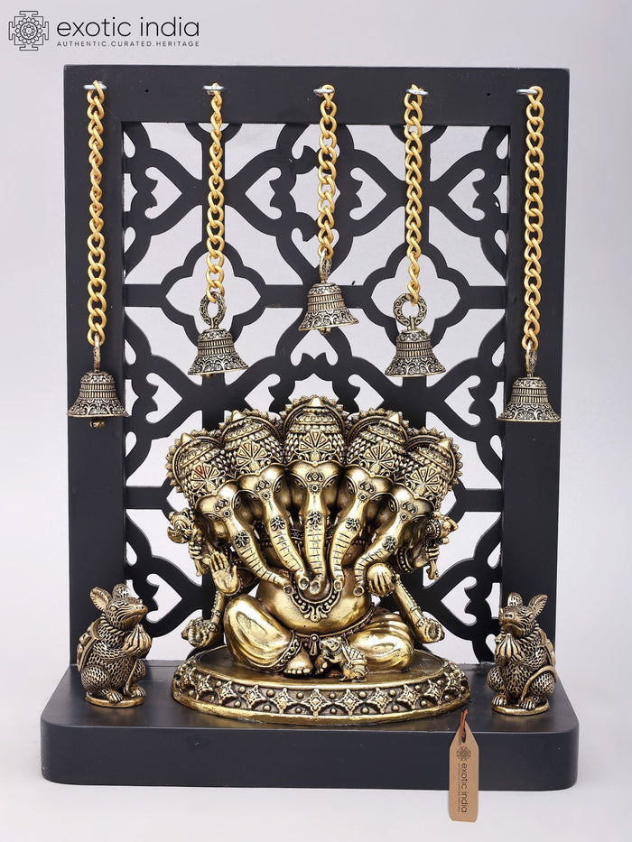 12" Panchamukhi Lord Ganesha Brass Statue with Wood Frame