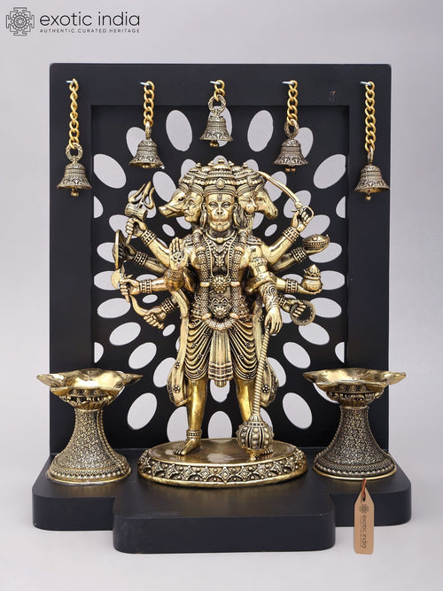 14" Panchamukhi Hanuman Standing Brass Statue with Wood Frame
