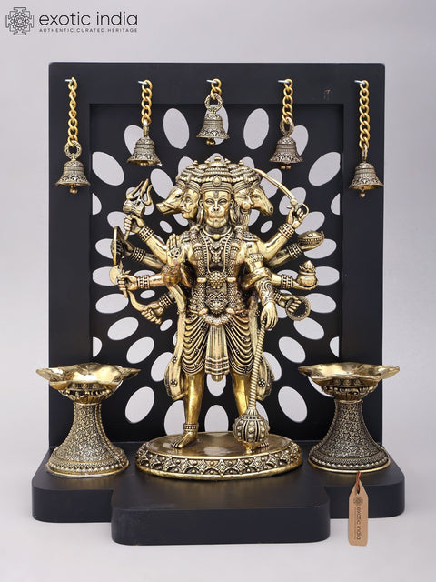 14" Standing Panchamukhi Lord Hanuman with Lamps and Bells | Brass Statue with Wood Frame