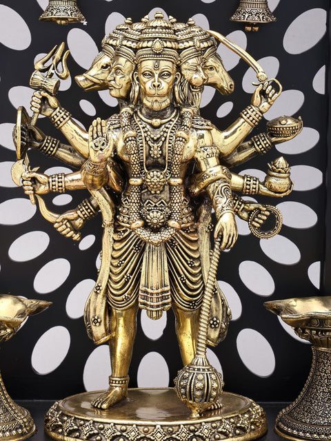 14" Standing Panchamukhi Lord Hanuman with Lamps and Bells | Brass Statue with Wood Frame