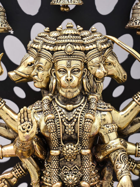 14" Standing Panchamukhi Lord Hanuman with Lamps and Bells | Brass Statue with Wood Frame