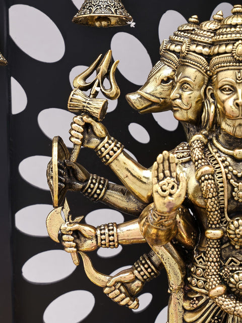 14" Standing Panchamukhi Lord Hanuman with Lamps and Bells | Brass Statue with Wood Frame