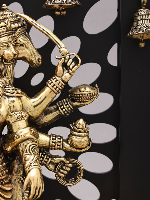 14" Standing Panchamukhi Lord Hanuman with Lamps and Bells | Brass Statue with Wood Frame