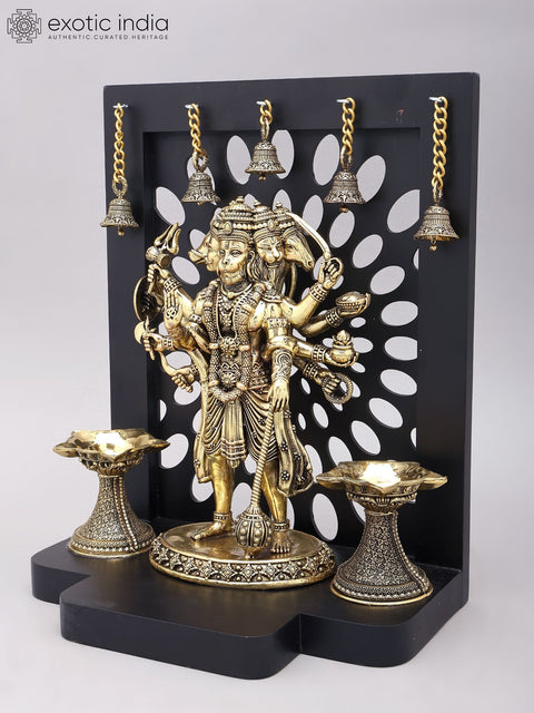 14" Standing Panchamukhi Lord Hanuman with Lamps and Bells | Brass Statue with Wood Frame