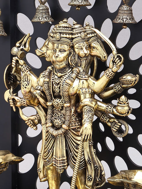 14" Standing Panchamukhi Lord Hanuman with Lamps and Bells | Brass Statue with Wood Frame