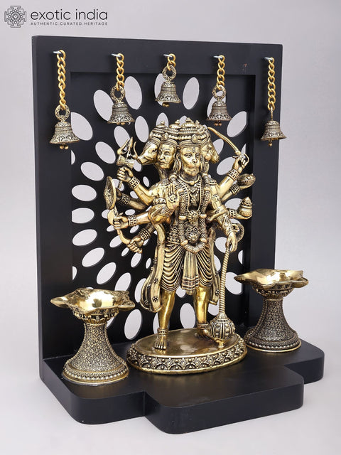 14" Standing Panchamukhi Lord Hanuman with Lamps and Bells | Brass Statue with Wood Frame
